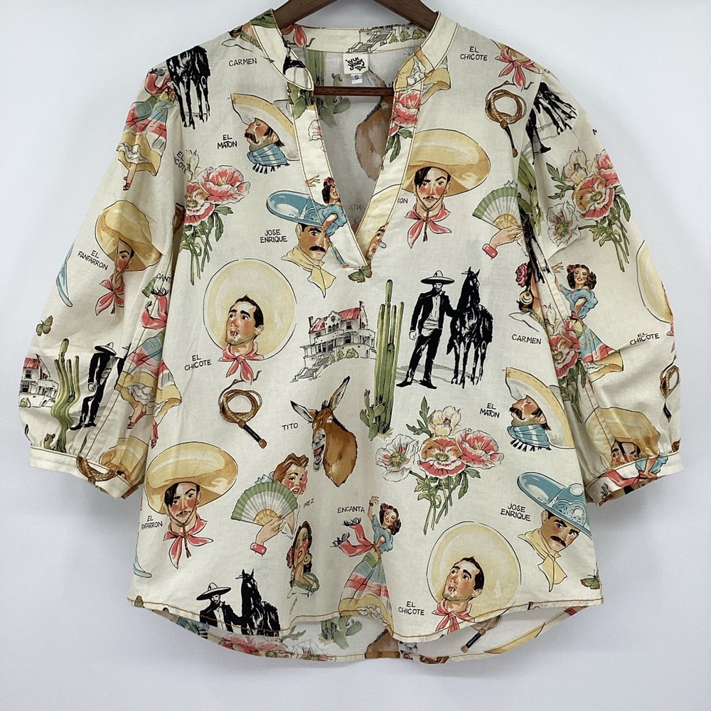 ivy jane Cream Western Portrait Print V-Neck Puff Sleeve Top